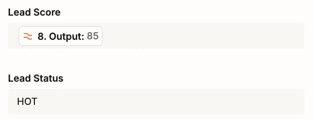 Zapier step 11 Google Sheets update: Lead Score 85, Lead Status HOT