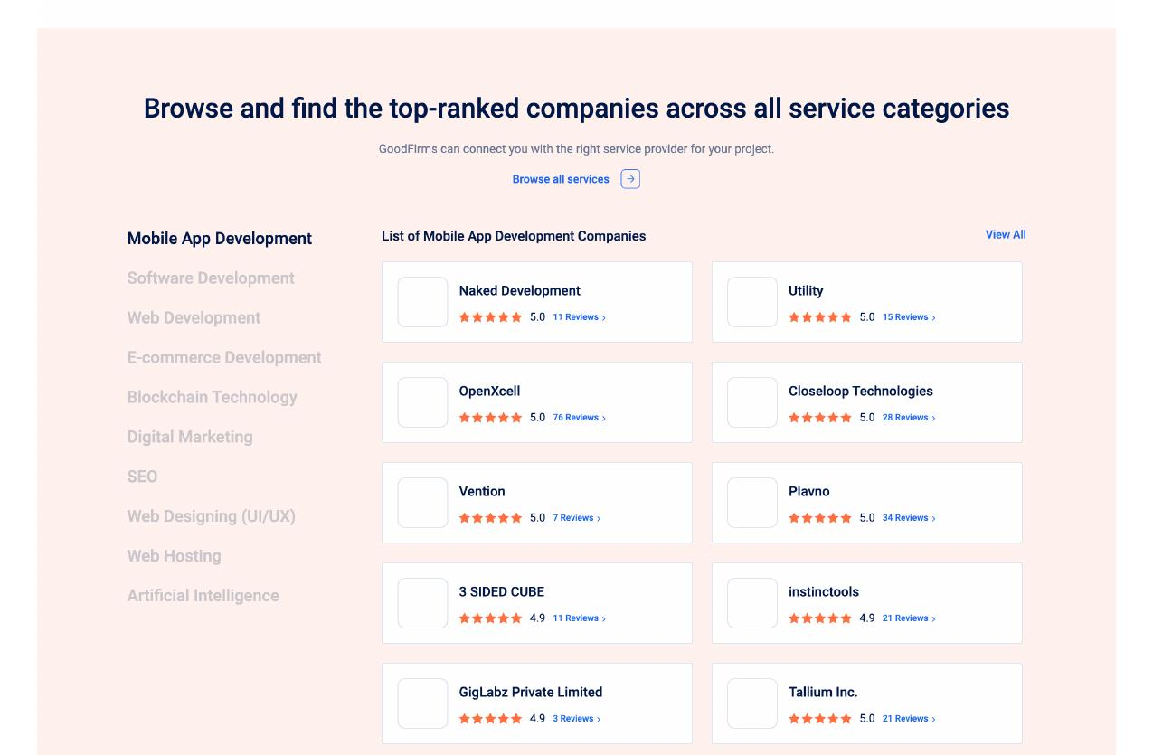 GoodFirms category navigation and company listing UX — browse and compare top-ranked companies by service category